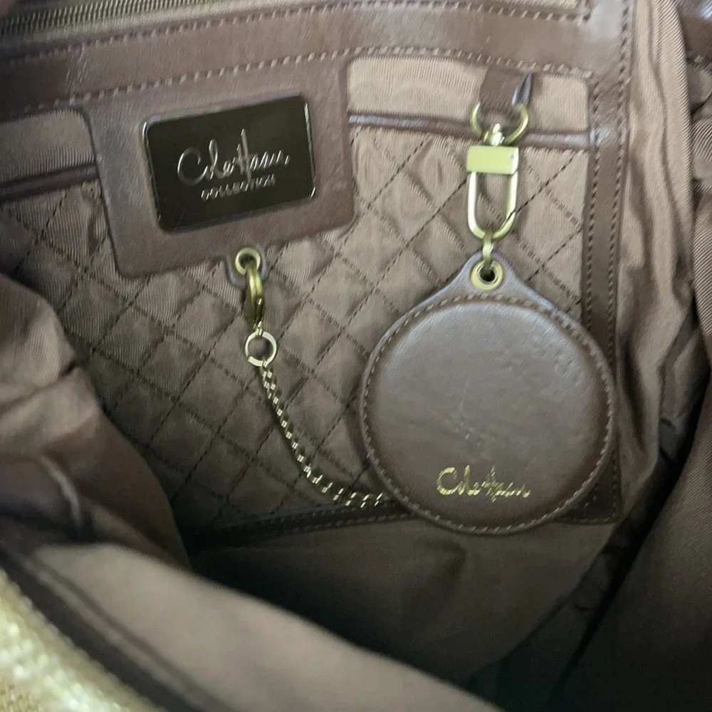 Cole Haan Collection Gold Metallic Woven Leather Hobo Bag Brow Tortoise Turnlock